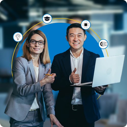 Business professionals with laptop and technology icons