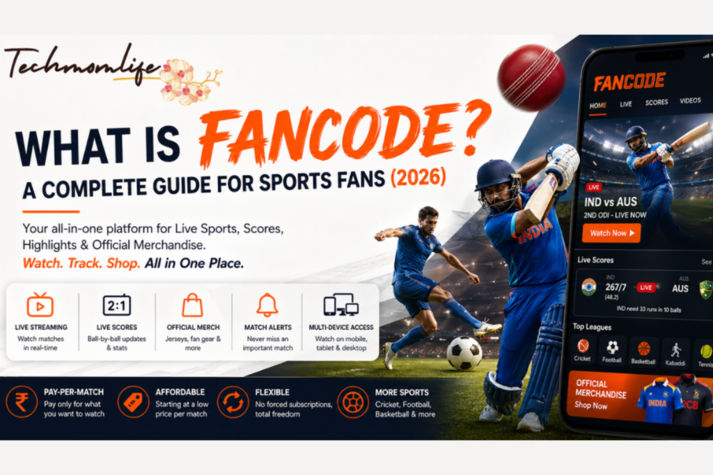 FanCode sports streaming app showing live cricket match and scores